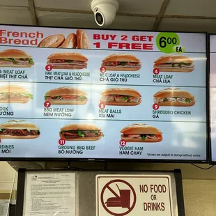 Menu for French Bread Sandwich