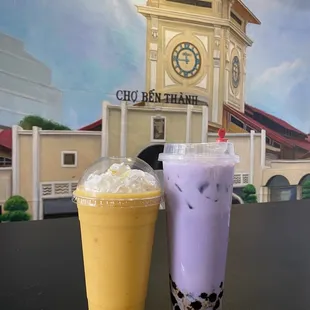 Mango smoothie with chunks of fresh mango and taro with boba milk tea