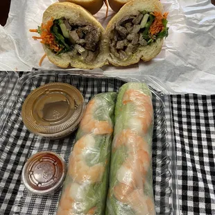 Large shrimp rolls, individually wrapped so they don&apos;t stick together. Peanut and chili sauce.