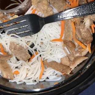 Inside vermicelli pork n roll bowl