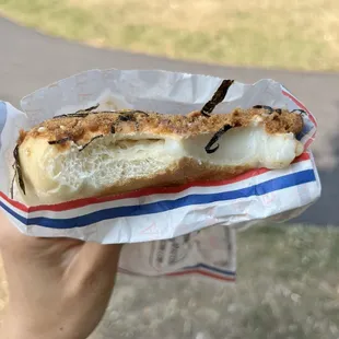 Mochi inside the pork floss bun topped with seaweed