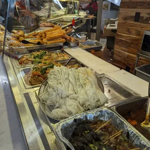 a buffet with many different foods