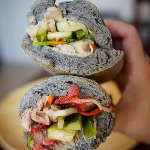 Pork roll &amp; pork belly charcoal bread