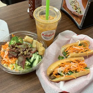 Grilled pork Banh Mi, Chinese BBQ noodle bowl and Thai tea