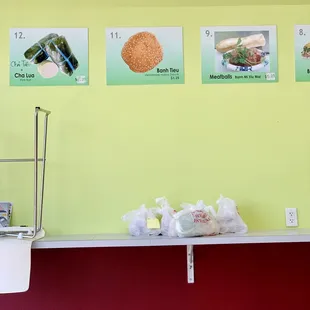 a variety of food items displayed on a wall