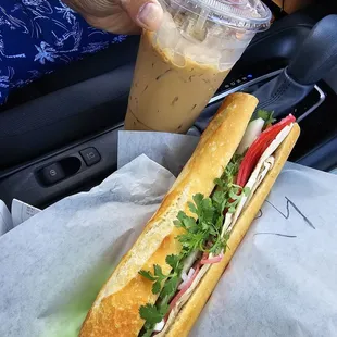 Banh mi thit nguoi with ca phe sua da