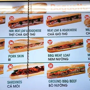 Baguette Sandwich Menu $6.00 Each