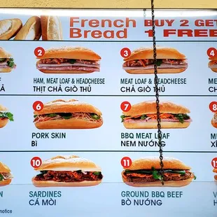 French Bread Sandwich Menu Deal Buy 2 Get 1 Free $6.00 Each