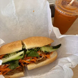 veggie banh mi (no mushrooms) and thai iced tea