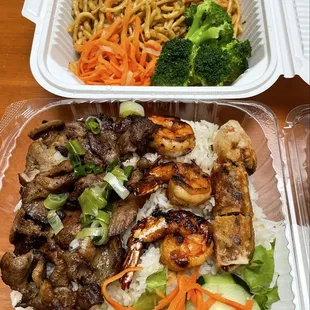 Crunch plate #1 &amp; Garlic noodles (nice touch with the veggies).  Yum... ice coffee not shown