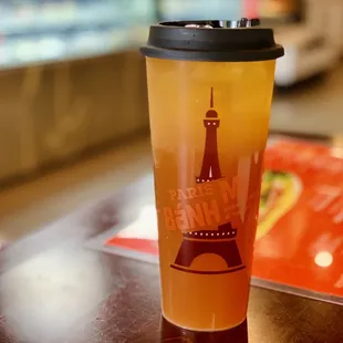 a drink in a plastic cup