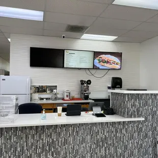 the counter area of a fast food restaurant