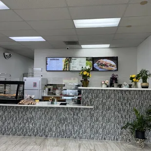 the counter area of a restaurant
