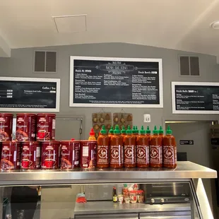 a display of hot sauces