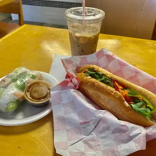 B1. Grilled Pork Banh Mi, Shrimp and Pork Spring Rolls, and a Vietnamese Iced Coffee