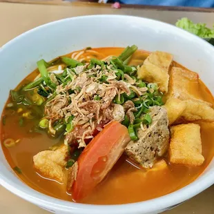 Canh bun $13.50. Noodles with crab paste, tofu and tomatoes