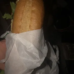 This place has bahn mi sandwiches for $3.75 and they&apos;re delicious . This one was grilled pork. Look at the size!