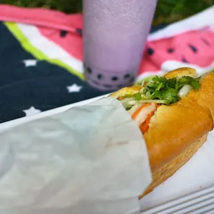 Grilled chicken banh mi &amp; taro smoothie