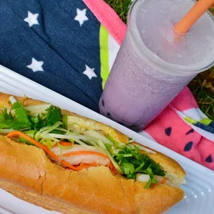 Grilled chicken banh mi with taro smoothie $14.33