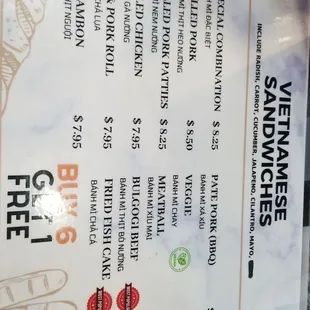 Banh mi menu
