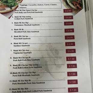 Menu full of Banh Mi!