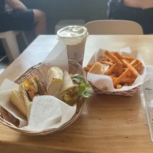 Pate egg banh mi  Sweet potato fries  Salted caramel cold foam coffee
