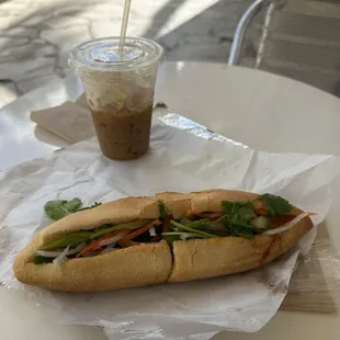 Crispy pork banh mi with Vietnamese coffee (can phe sua da)