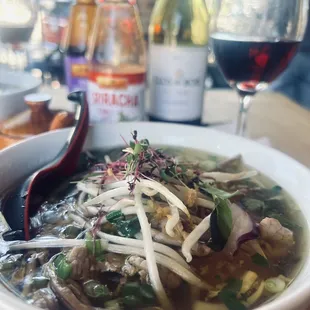 Beef Pho &amp; Clos du bois. Not pictured because I gobbled it down too fast, crab Rangoons.