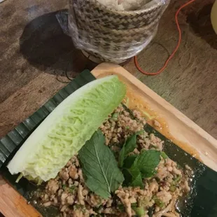 Larb was very spicy even after ordering it with &quot;no spice&quot;.Served with one piece of romaine lettuce, not enough for the portion of larb.