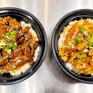 two bowls of asian food