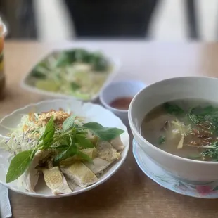 Chicken porridge (chào ga) w/ chicken coleslaw (gọi gà) and ginger nuoc cham sauce.  Chinese Herbal Health drink (chè sâm Bố lương).
