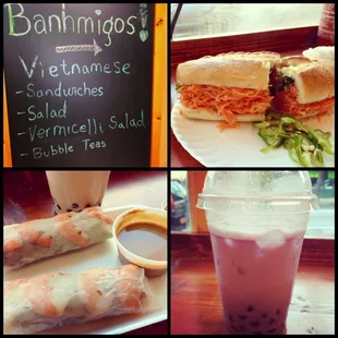My delicious chicken sandwich, summer roll, with Taro bubble tea :-). Love this place