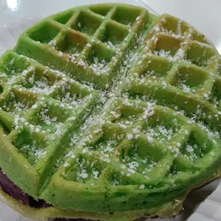 Pandan Waffle (plus beautiful purple Ube Waffle underneath)