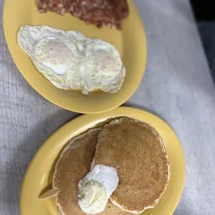 Corny with pancakes and over easy eggs.