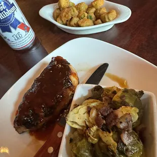 Boneless chop, Brussel sprouts, buffalo okra
