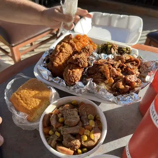 Chicken Pork Rib Tips in tangy BBQ Sauce Candied Yams collard greens with pork