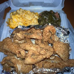 Catfish Nuggets(1lb) , Mac N Cheese, Collard Greens(pork )