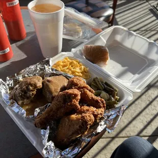 Fried chicken Salisbury Steak in Gravy Mac N Cheese Green Beans w/Potatoes