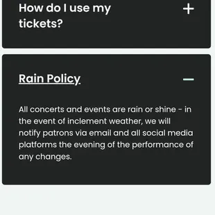 A picture of the websites "rain or shine policy" before the show was cancelled despite zero lightning anywhere near the surrounding area