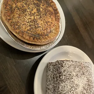 Left: beef and red wine pie // Right: lamington (Australian-style sponge cake rolled in coconut, flavored with raspberry and chocolate)