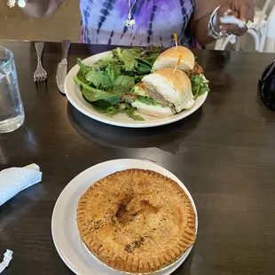 Beef &amp; Red Wine Pie, Grilled Vegetables &amp; Arugula Sandwich