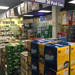 a large display of boxes of beer