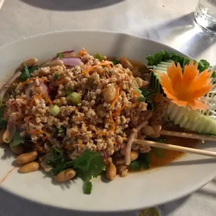 This is the chicken larb. Basically a chopped chicken and cabbage salad with peanuts and delicious no kidding!