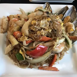 I got the seafood noodle thing. Squid, mussels, shrimp and sea scallops.