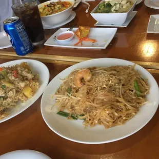 Pad phai, pineapple fried rice, yellow curry noodles, green curry