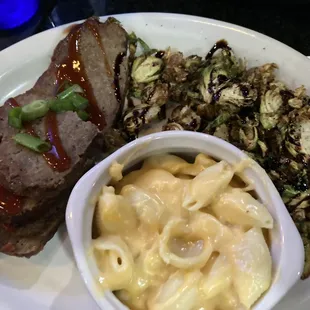 Meatloaf Entree with Mac n cheese and Brussels