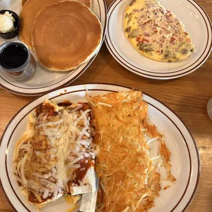 Breakfast Enchiladas, omelet and pancakes
