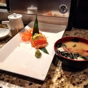 Miso soup and salmon sashimi