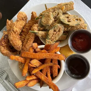 Gluten free Fried Okra, Jalapeno and Creole Mayo Gluten free Chicken Tenders Sweet Potato Fries