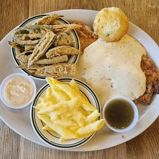 Chicken fried Chicken  Fried Okra, Jalapeno and Creole Mayo Cheddar Mac &amp; Cheese